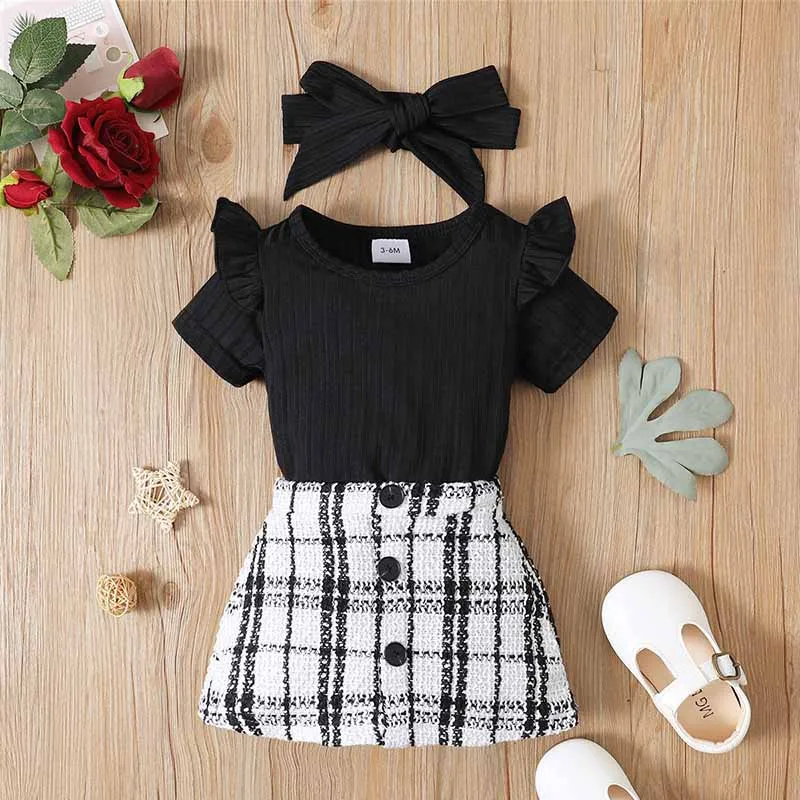 Kids Baby Girls Casual Cute Plaid Short Sleeve Romper Skirt Pullover Set