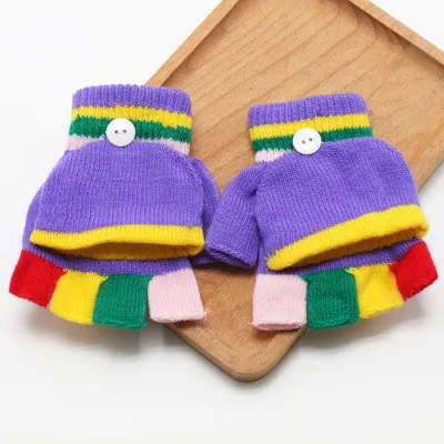 Kids Unisex Fall Winter Casual Cute Cartoon Fleece Half Finger Clamshell Gloves