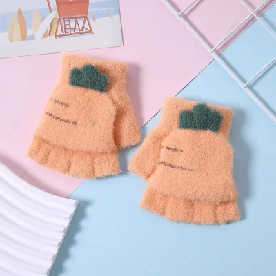 Kids Unisex Fall Winter Casual Cute Cartoon Fleece Half Finger Clamshell Gloves