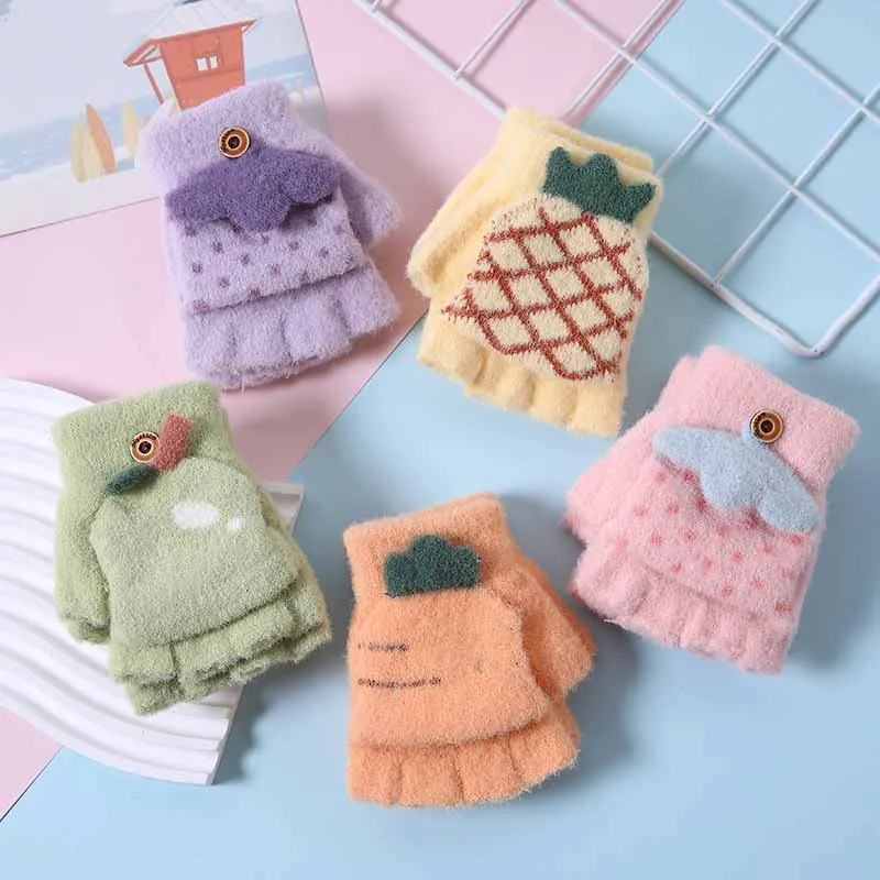 Kids Unisex Fall Winter Casual Cute Cartoon Fleece Half Finger Clamshell Gloves
