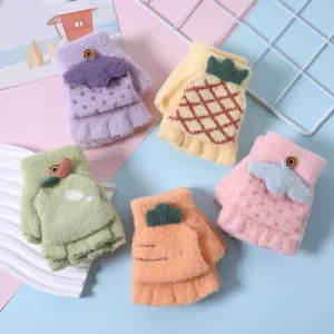 Kids Unisex Fall Winter Casual Cute Cartoon Fleece Half Finger Clamshell Gloves