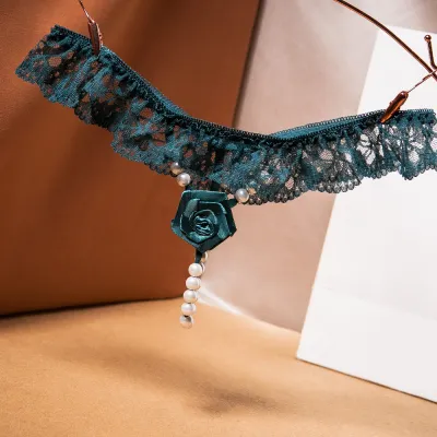 Women Sexy Lace Pearl Rose Thong Panties