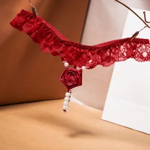 Women Sexy Lace Pearl Rose Thong Panties