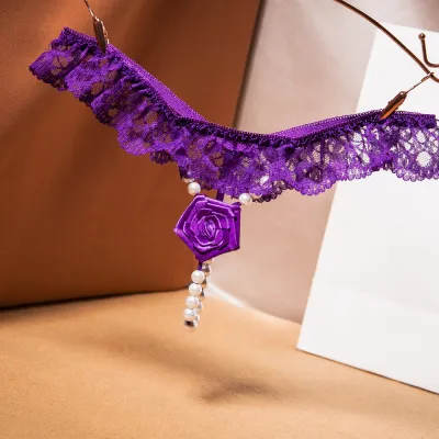 Women Sexy Lace Pearl Rose Thong Panties