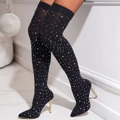 Women Fashion Plus Size Stretch Rhinestone Pointed Toe Heeled Over The Knee Boots