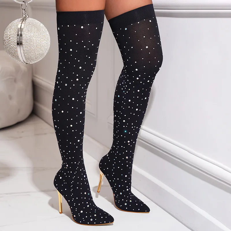 Women Fashion Plus Size Stretch Rhinestone Pointed Toe Heeled Over The Knee Boots