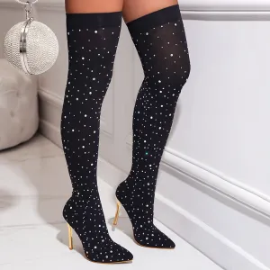 Women Fashion Plus Size Stretch Rhinestone Pointed Toe Heeled Over The Knee Boots