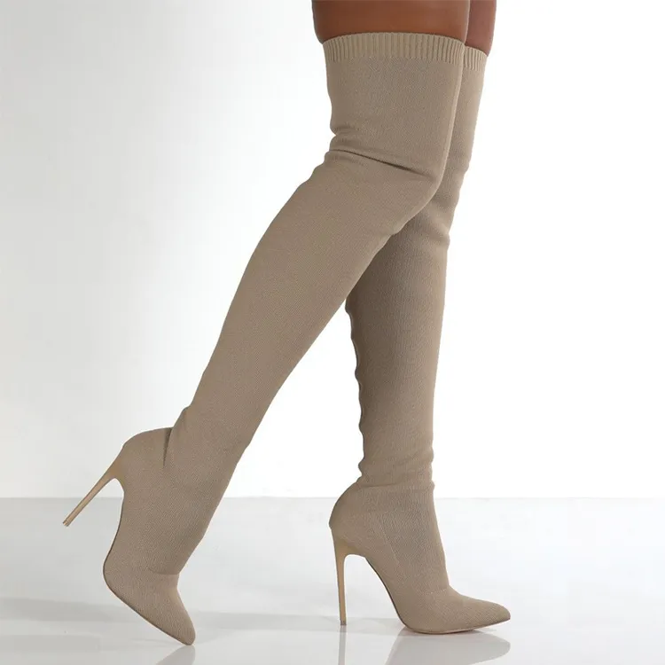 Women's Fashion Solid Color Plus Size Knit Over The Knee Stiletto Heel Boots