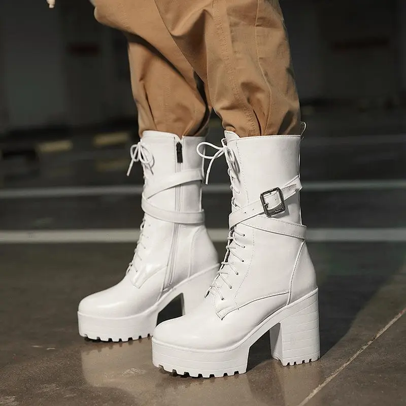Women Fashion British Style Thick-Soled Chunky Heel Belt Buckle Decorative Straps Mid-Calf Boots