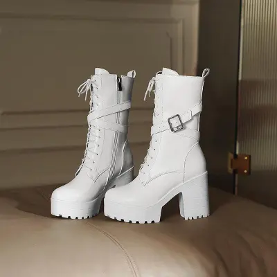 Women Fashion British Style Thick-Soled Chunky Heel Belt Buckle Decorative Straps Mid-Calf Boots