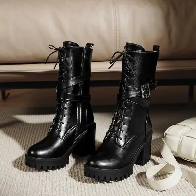 Women Fashion British Style Thick-Soled Chunky Heel Belt Buckle Decorative Straps Mid-Calf Boots