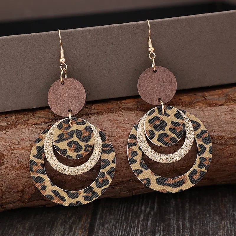 Women Fashion Retro Triple Layer Leopard Leather Earrings
