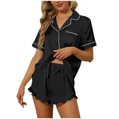 Women's Casual Short-Sleeved V-Neck Top and Ruffled Shorts Pajama Set in Simulation Silk