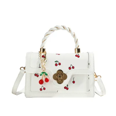 Women Fashion Cute Cherry Printed Square Stitching Contrast Color Shoulder Bag