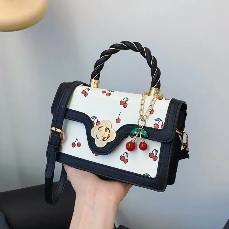 Women Fashion Cute Cherry Printed Square Stitching Contrast Color Shoulder Bag