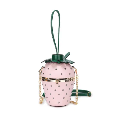 Women Fashion Creative Rivet Strawberry Bucket Shoulder Bag
