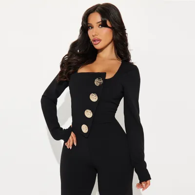 Women Casual Long Sleeve Button Slim Fit Jumpsuit