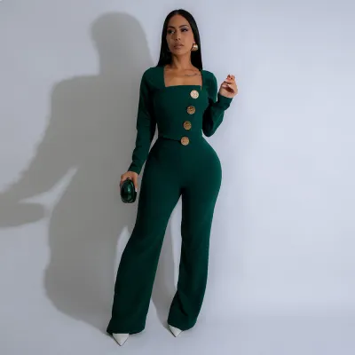 Women Casual Long Sleeve Button Slim Fit Jumpsuit