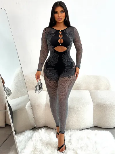 Women Sexy Hollow-Out Slim-Fit Long-Sleeved Knitted Jumpsuit