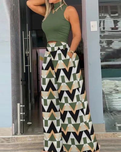 Women Fashion Casual Sleeveless Tight Top Printed Loose Pants Two-Piece Set