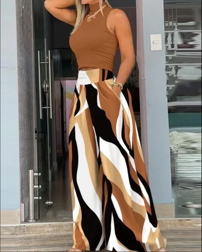 Women Fashion Casual Sleeveless Tight Top Printed Loose Pants Two-Piece Set