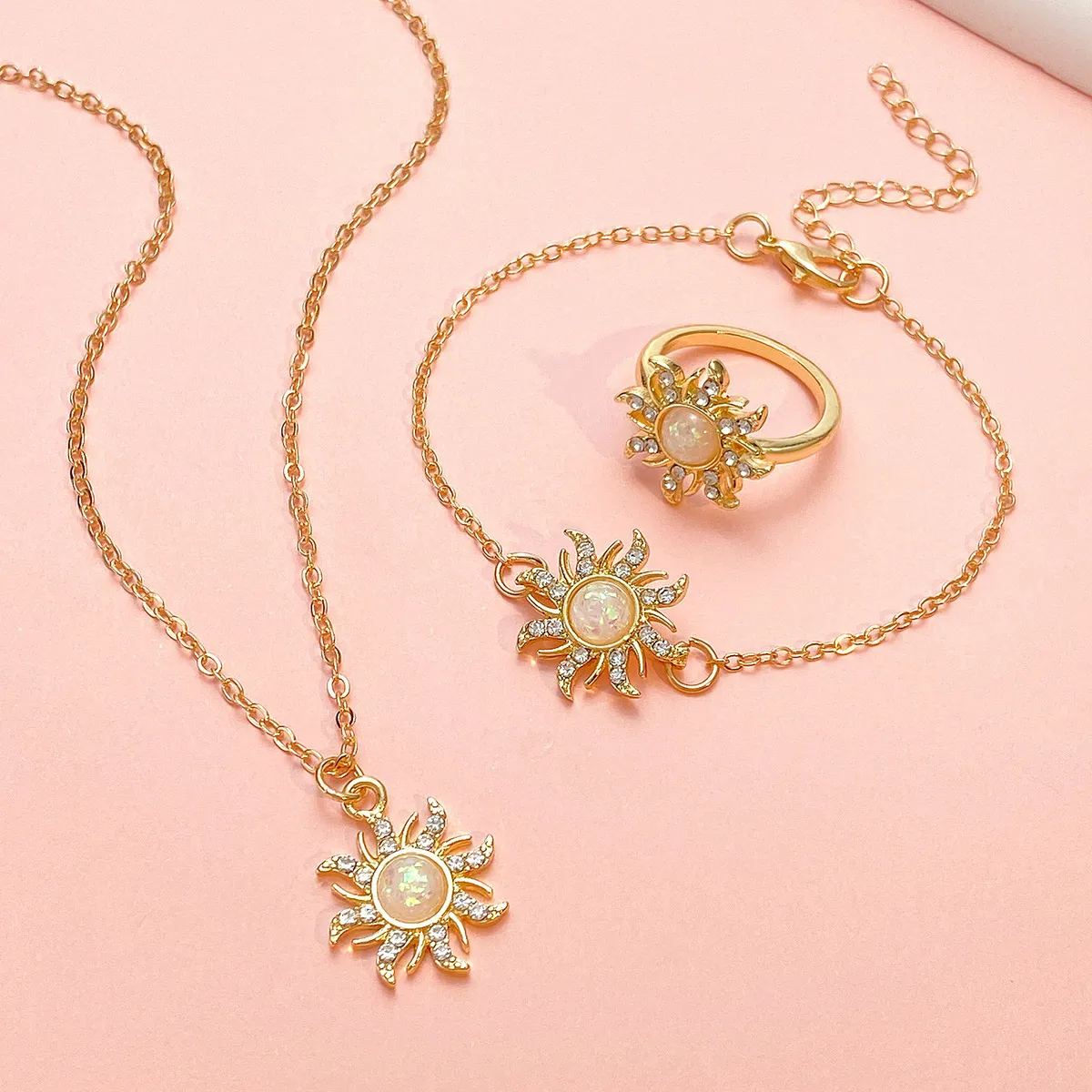 Women Fashion Retro Opal Rhinestone Earrings Bracelet Necklace Three-Piece Set