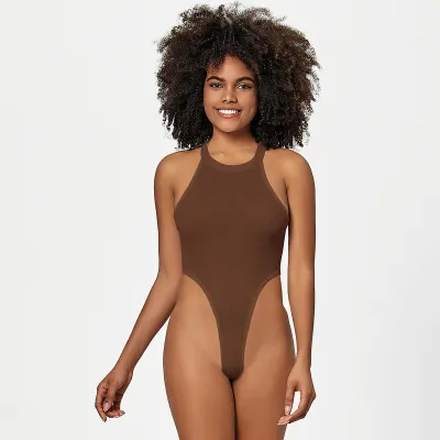 Women Sexy Solid Color Sleeveless T-Shaped Tight Bodysuit