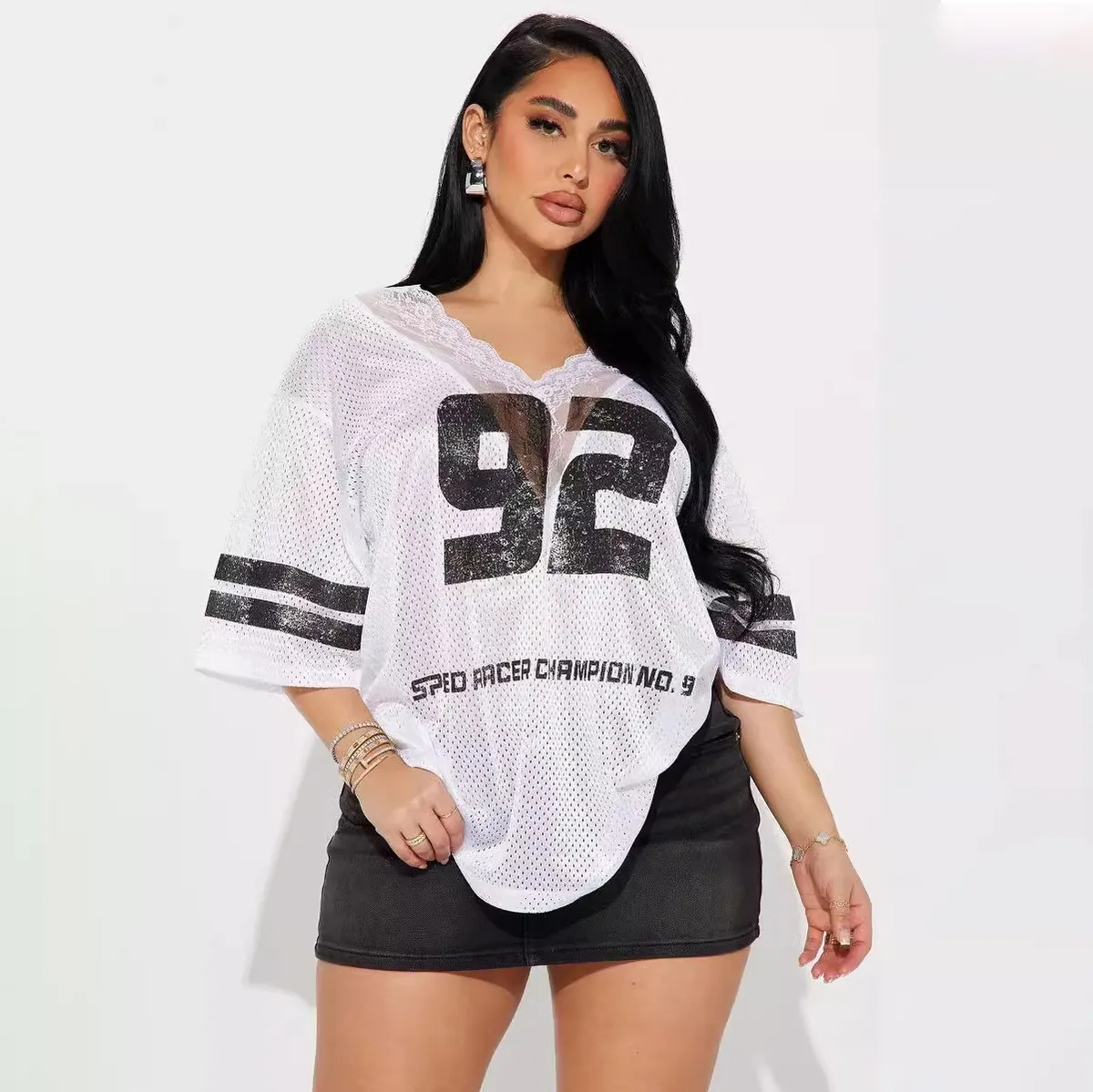 Women Casual Loose Fit Digital Printed V-Neck Lace Short-Sleeve T-Shirt