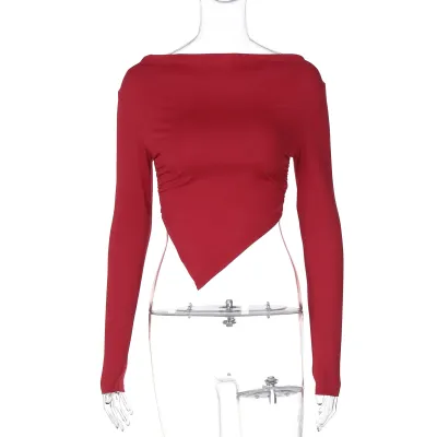 Women Fashion Sexy Irregular Solid Color Slim Fit Round Neck Long Sleeve Crop Top