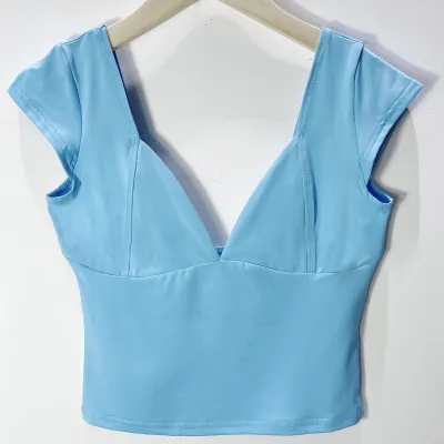 Women Fashion Sexy Solid Color V-Neck Slim T-Shirt Top