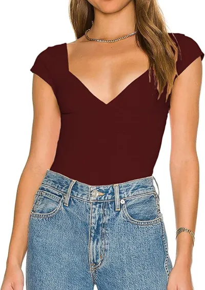 Women Fashion Sexy Solid Color V-Neck Slim T-Shirt Top