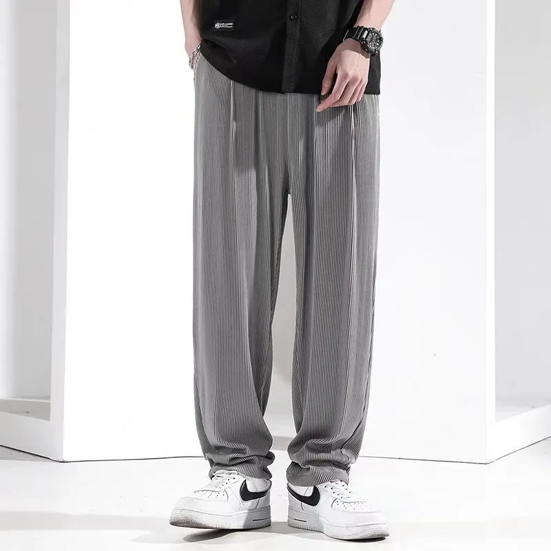 Men Casual Loose Thin Ice Silk Sports Wide-Leg Pants