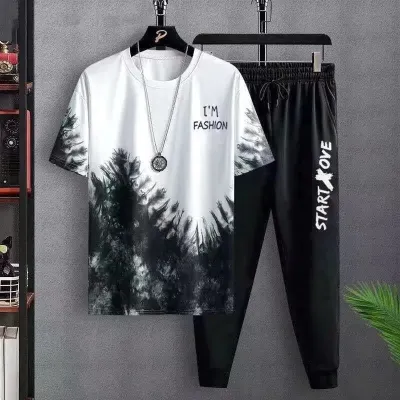 Men Casual Ice Silk Printed Short Sleeve T-Shirt Drawstring Loose Pants Two-Piece Set