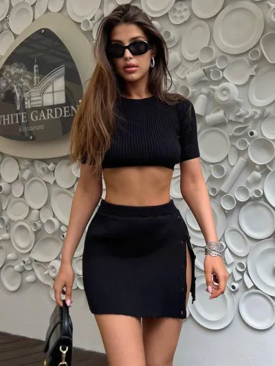 Women Fashion Sexy Knitted Short Sleeve Crop Top Split Button Skirt Two Piece Set