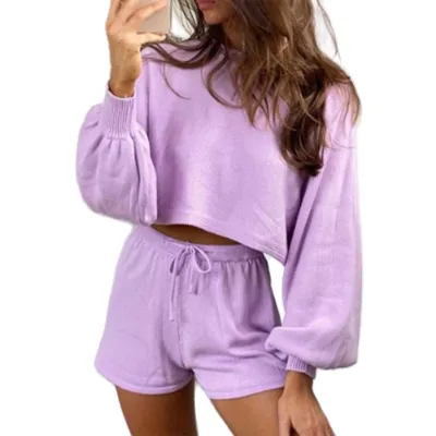 Women Casual Solid Color Knitted Long-Sleeve Sweater Drawstring Shorts Two-Piece Set