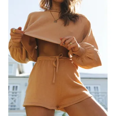 Women Casual Solid Color Knitted Long-Sleeve Sweater Drawstring Shorts Two-Piece Set