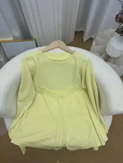Women Casual Solid Color Knitted Long-Sleeve Sweater Drawstring Shorts Two-Piece Set