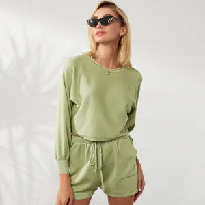 Women Casual Solid Color Knitted Long-Sleeve Sweater Drawstring Shorts Two-Piece Set