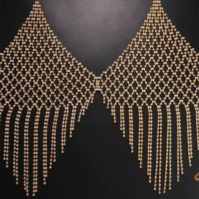 Women Fashion Sexy Tassel Rhinestone Chest Chain Grid Body Chain