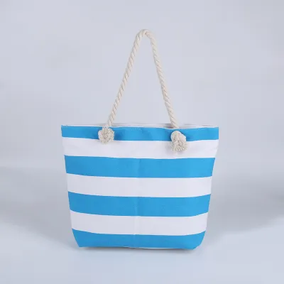 Women Fashion Casual Stripe Canvas Shoulder Beach Tote Bag