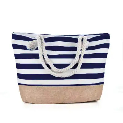 Women Fashion Casual Stripe Canvas Shoulder Beach Tote Bag