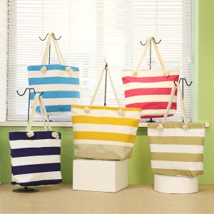 Women Fashion Casual Stripe Canvas Shoulder Beach Tote Bag