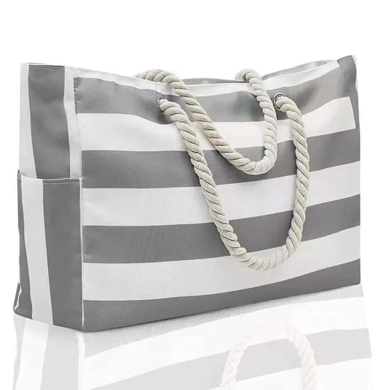 Women Fashion Casual Stripe Large Capacity Canvas Beach Shopping Bag