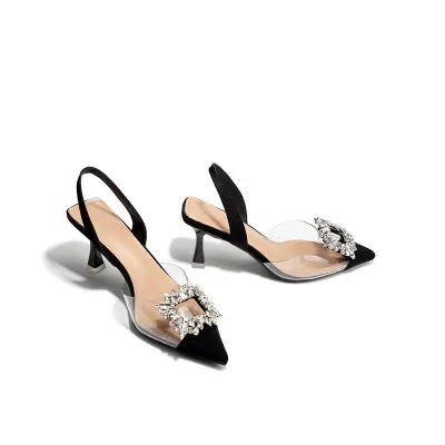 Women Fashion Rhinestone Transparent Pointed Toe Thin High Heel Sandals