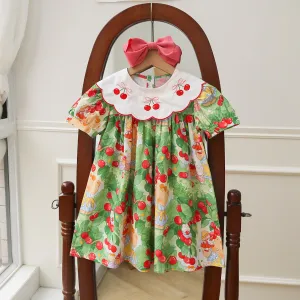 Kids Toddler Girls Casual Cute Cherry Print Short Sleeve Princess Dress