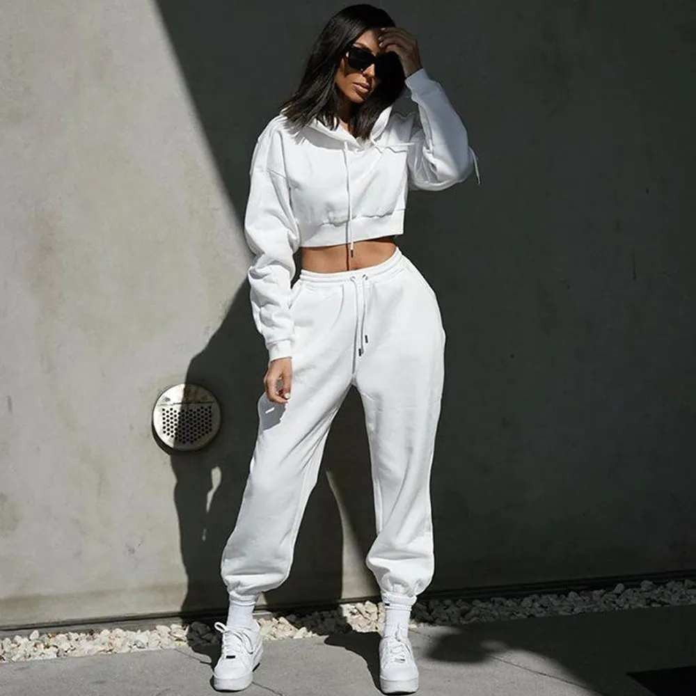 Autumn Women Athleisure Fleece-Lined Hoodies Loose Drawstring Solid Color Pants Set