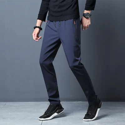Men Casual Loose Solid Color Zipper Slim-Fit Sports Pants