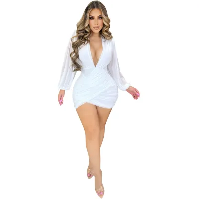 Women Sexy V-Neck Mesh Long Sleeve Pleated Wrap Hip Dress