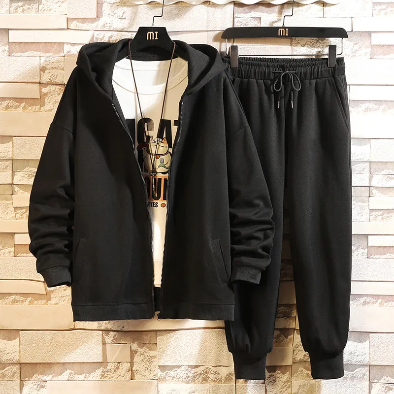 Men Casual Sport Plus Size Long Sleeve Hooded Sweatshirt Pants Set