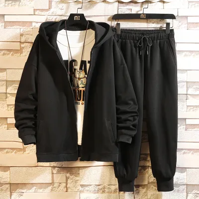 Men Casual Sport Plus Size Long Sleeve Hooded Sweatshirt Pants Set